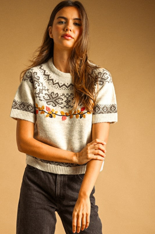 Beige embroidered sweater top