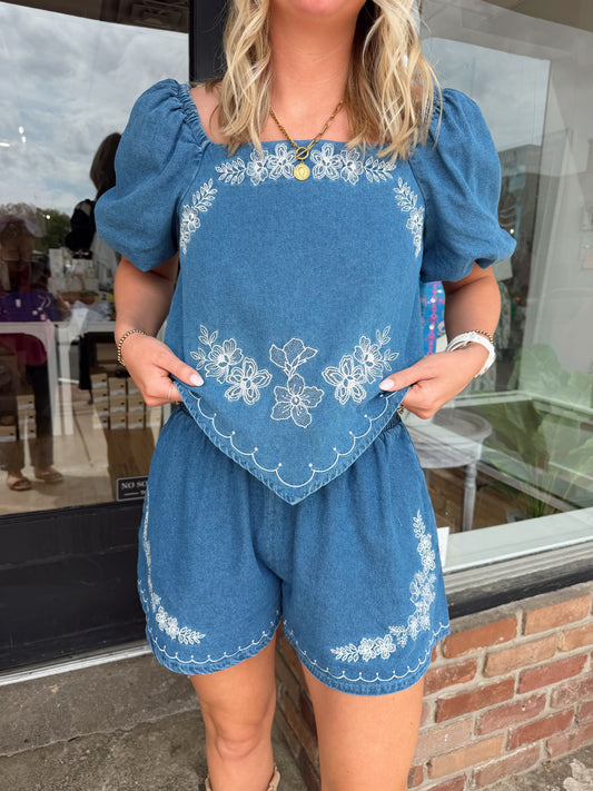 floral embroidered short set