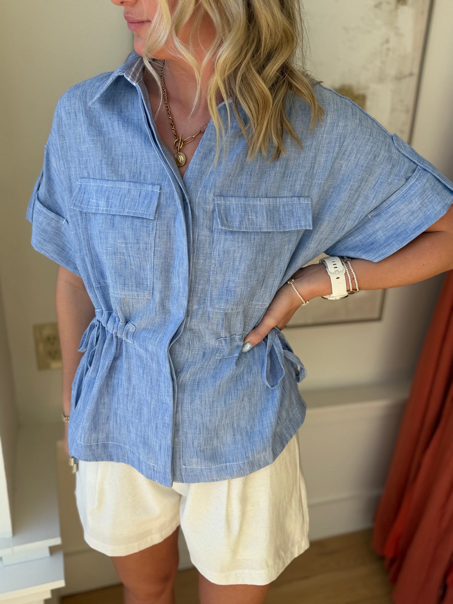 Chambray cinched waist top