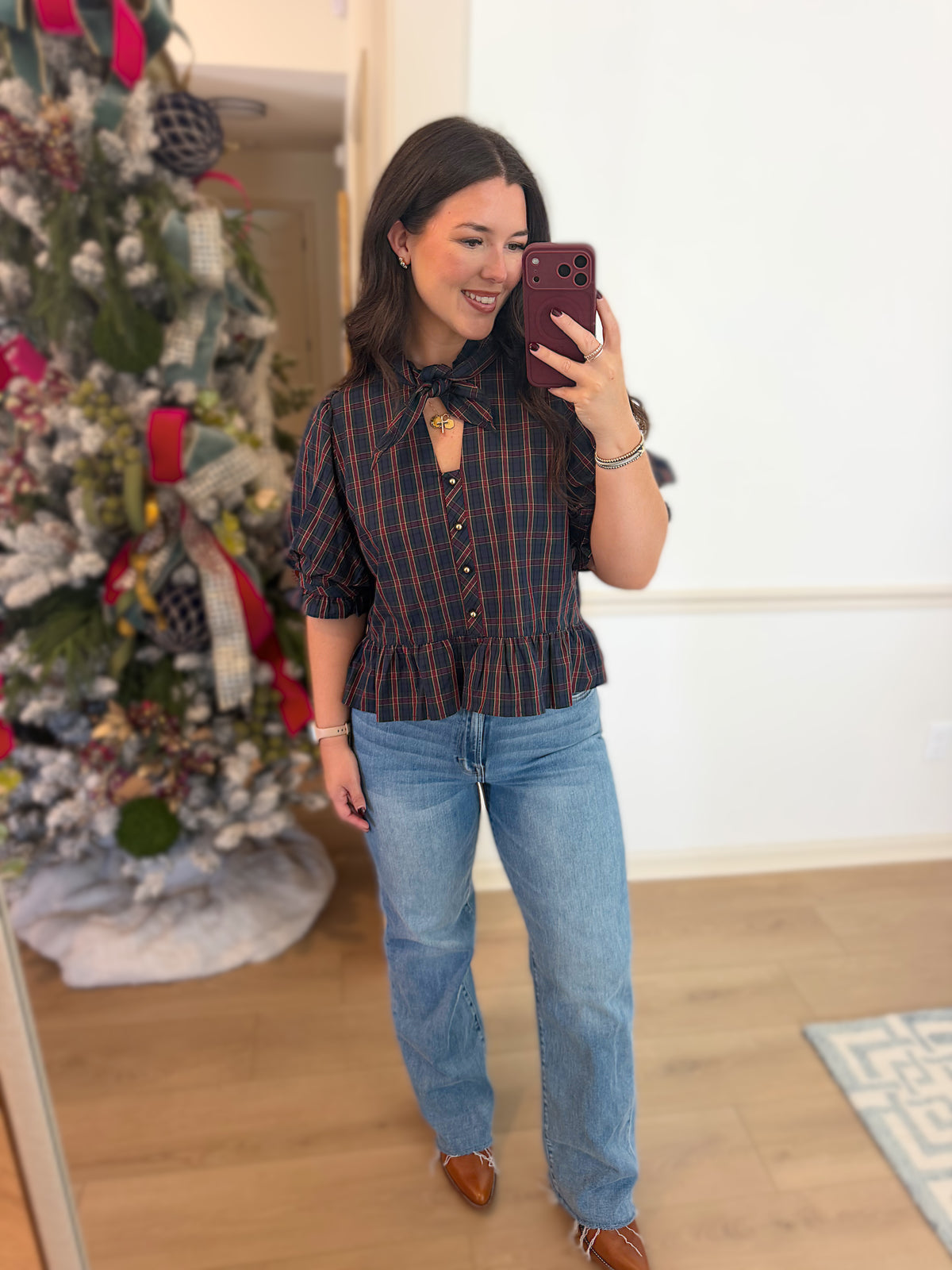 Navy plaid tie top
