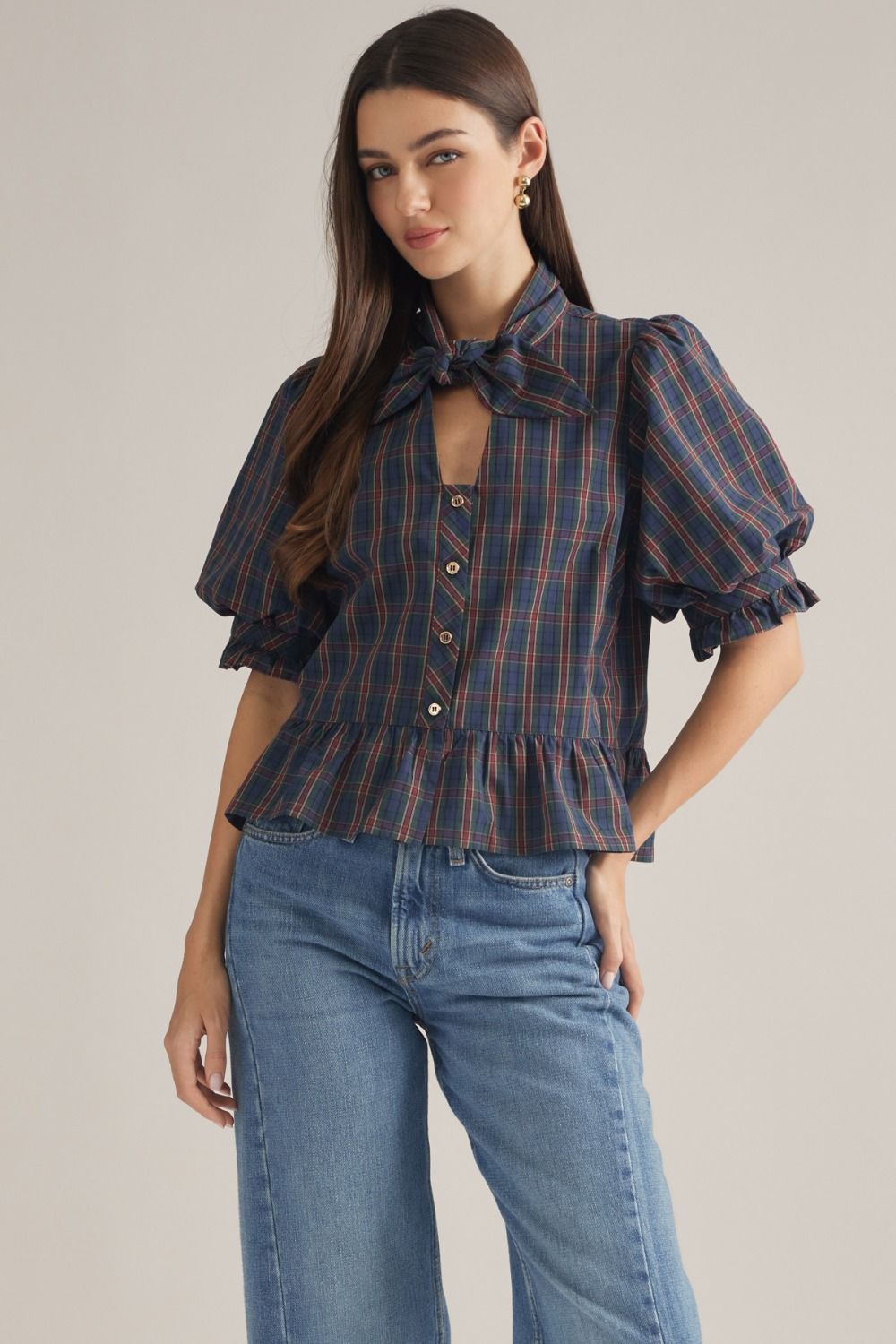 Navy plaid tie top