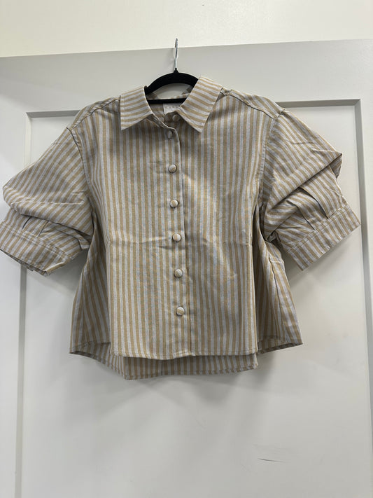 STRIPE LINEN BUTTON PUFF SLV TOP - Karlie