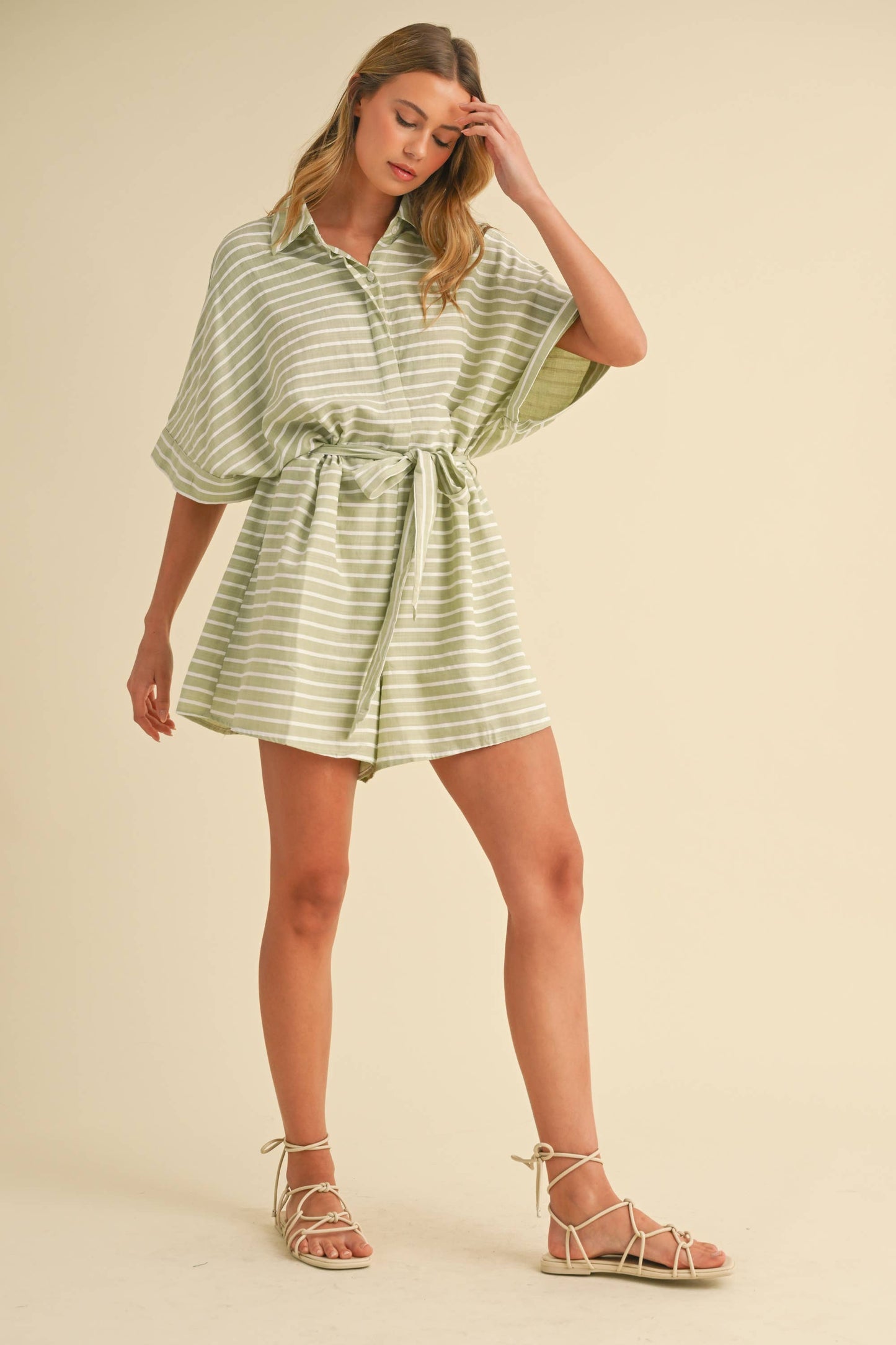 STRIPED RELAXED FIT BELTED SHORT SLEEVE ROMPER