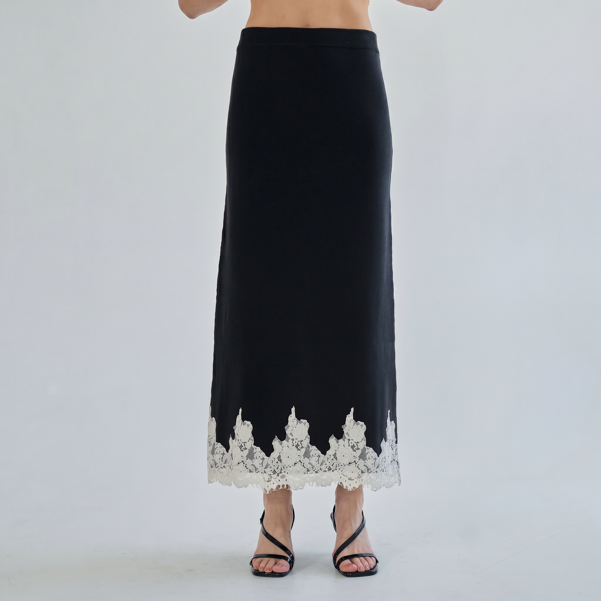 Lace Trim Mock Neck Top & Maxi Skirt Knit Set
