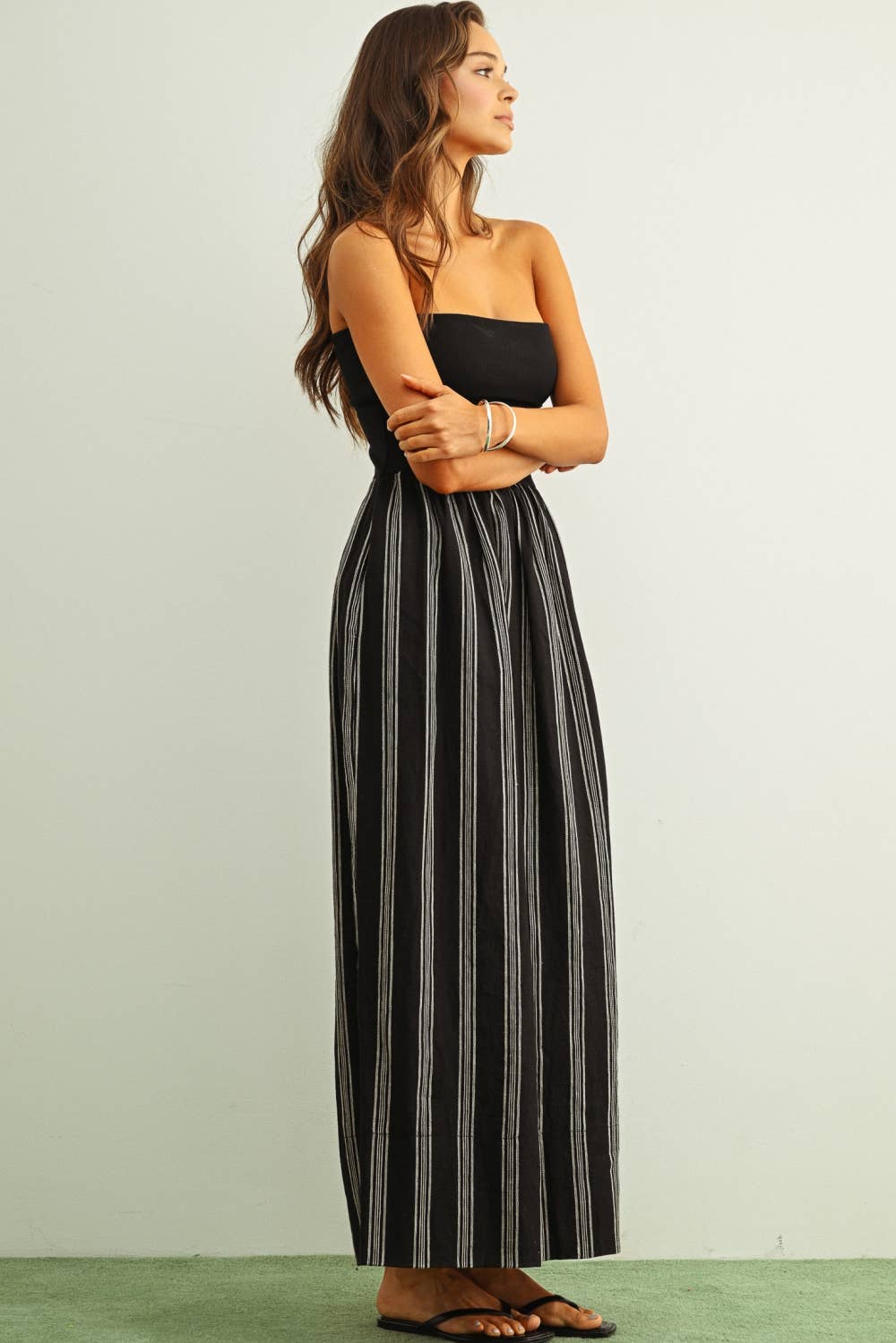 STRIPED PATTERN KNIT WITH RIBBED TOP COMBINATION DRESS