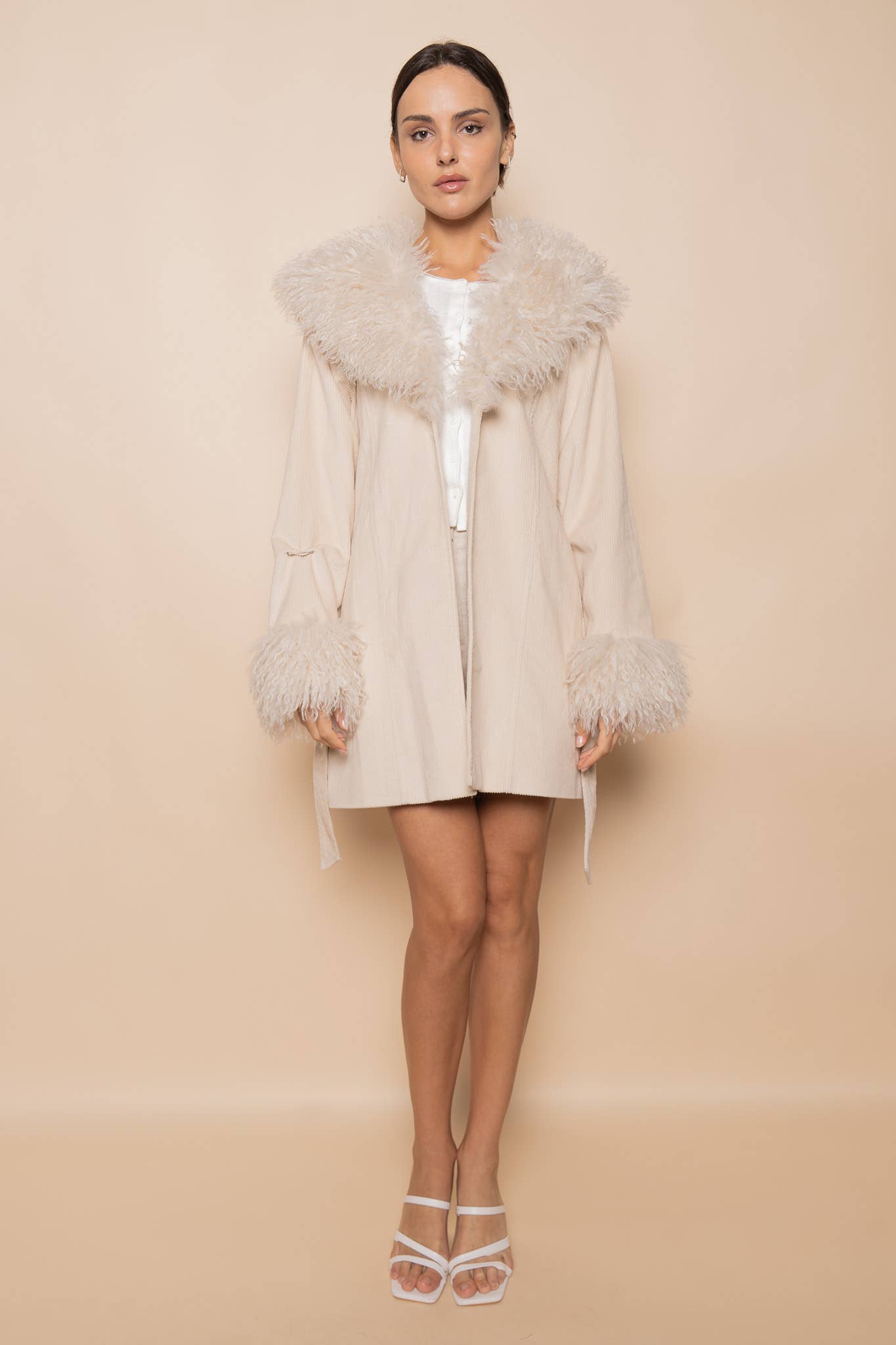 FUR LINED COLLAR HEM WAIST TIE JACKET