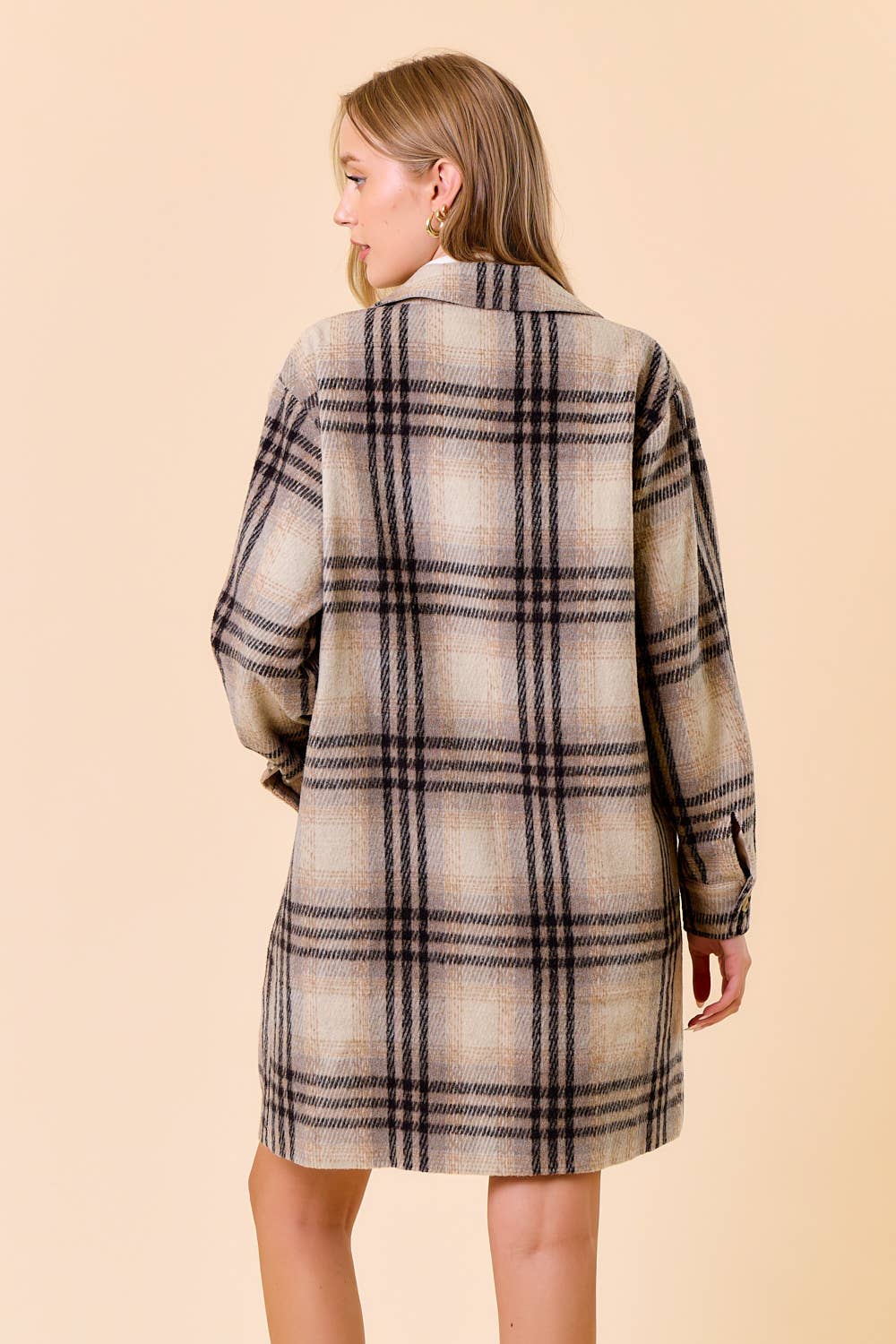 Plaid Front Button Closure Knee Length Coat