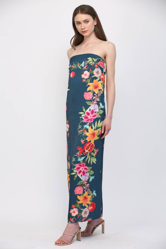 BOTANICAL BORDER PRINT STRAPLESS MAXI DRESS