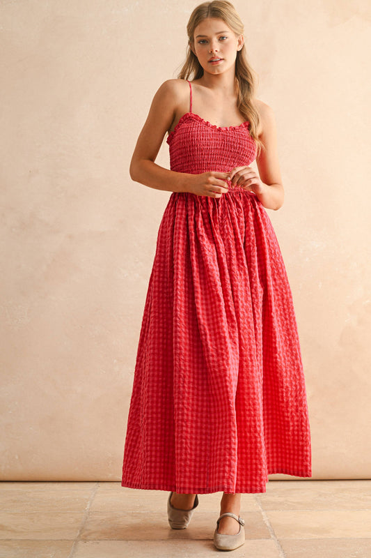 GINGHAM PRINT LONG DRESS