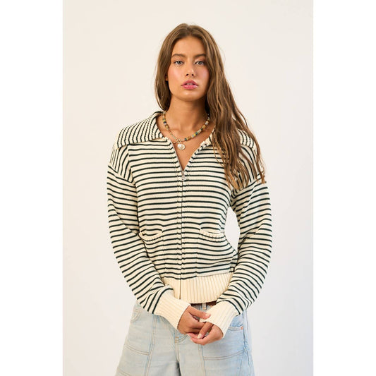 Striped Cotton Blend Zip-Up Sweater with Wide Collar