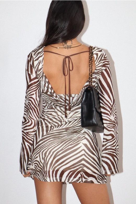 zebra mesh mini dress - brown