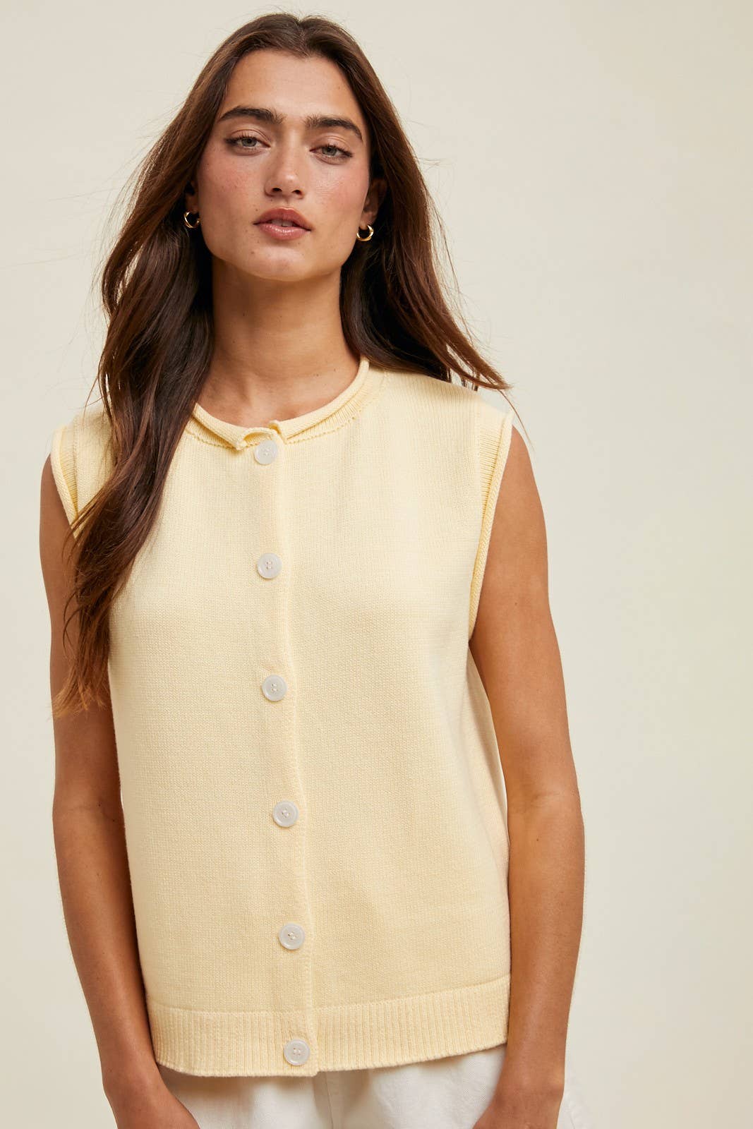 SWEATER BUTTON-UP VEST WITH ROLLED HEM DETAIL (multiple colors)
