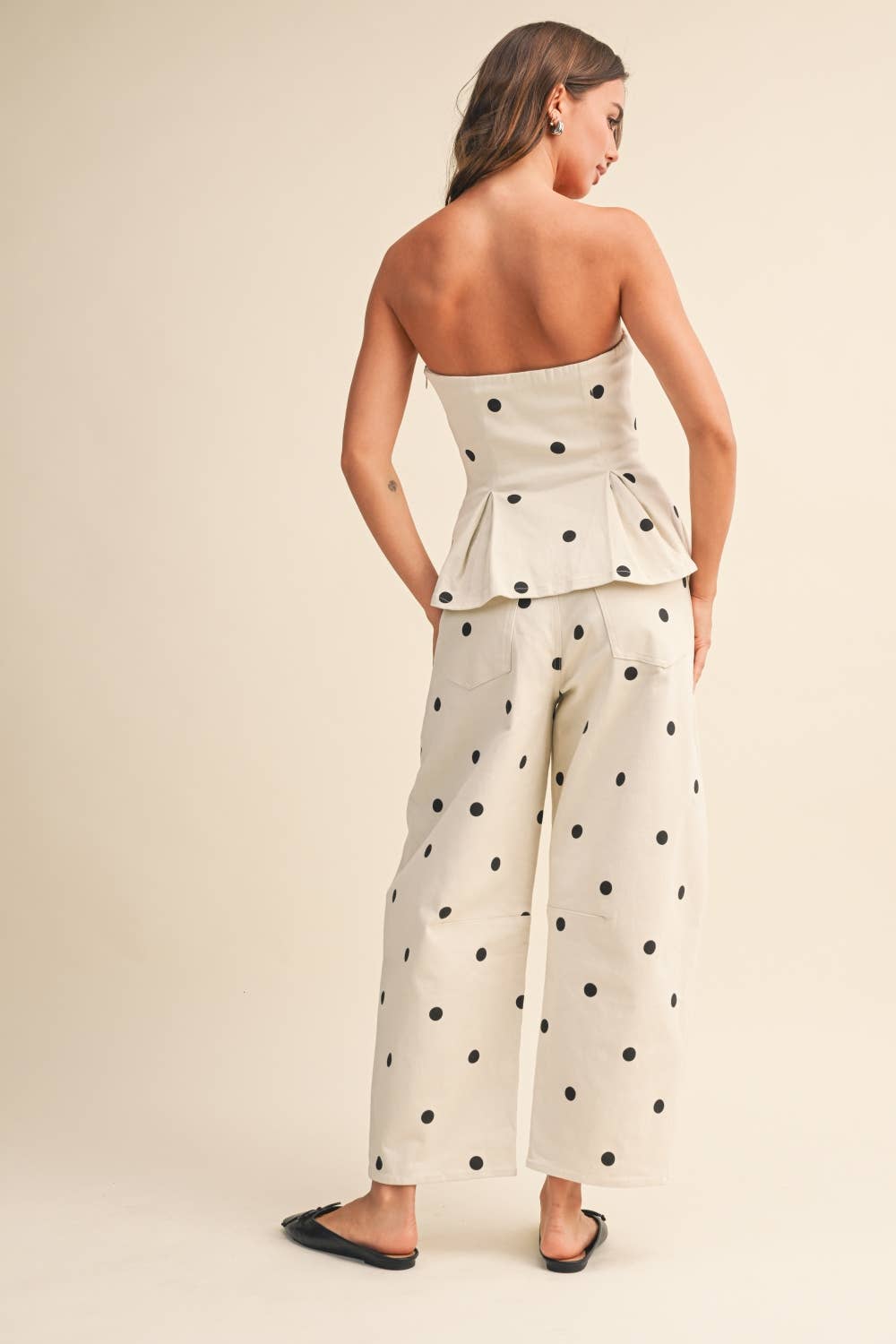 POLKADOT STRAPLESS PEPLUM TOP AND BARREL PANTS SET
