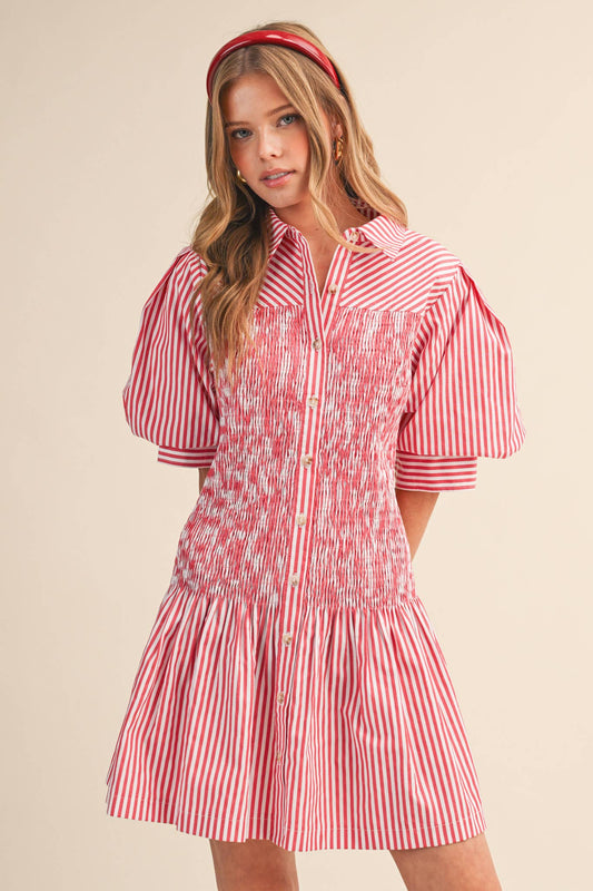 STRIPED SMOCKED BODICE MINI DRESS