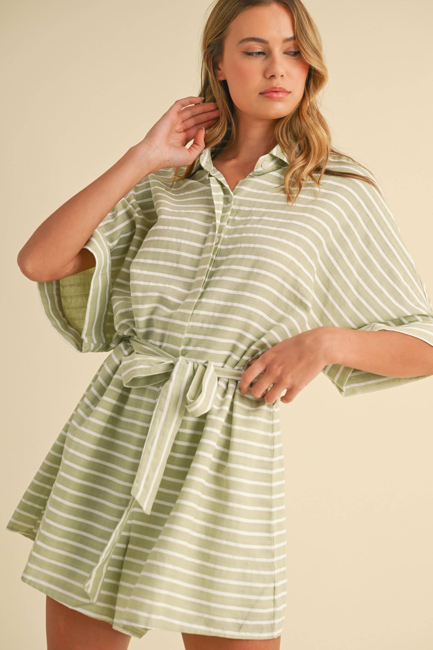 STRIPED RELAXED FIT BELTED SHORT SLEEVE ROMPER