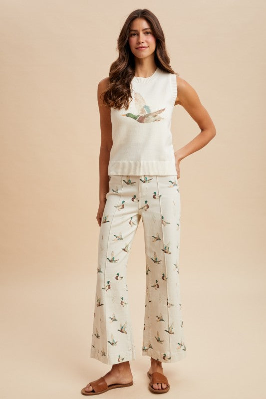 mallard printed stretch denim wide leg pants