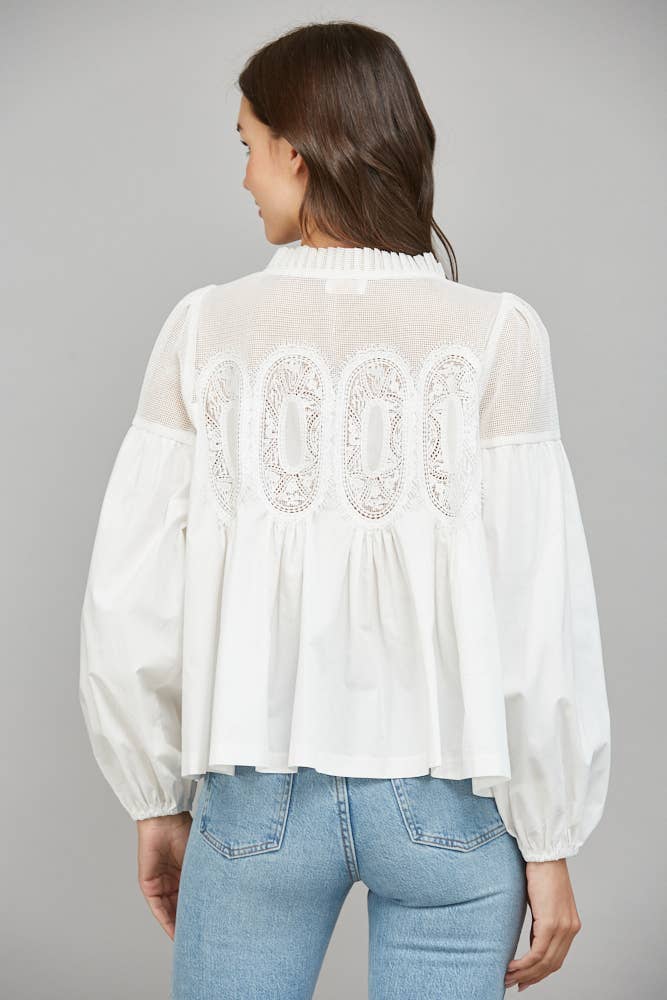 LACE APPLIQUE DETAIL MIXED MEDIA LONG SLV BLOUSE