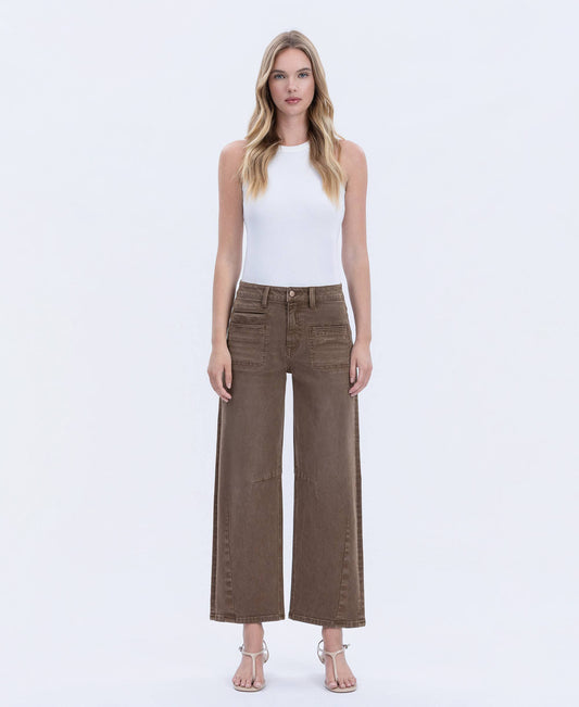 HIGH RISE FRONT WELT POCKET DETAIL BARREL JEANS