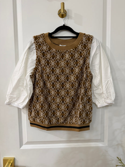 Contrast Sleeve Floral Crochet Stripe Banded Top