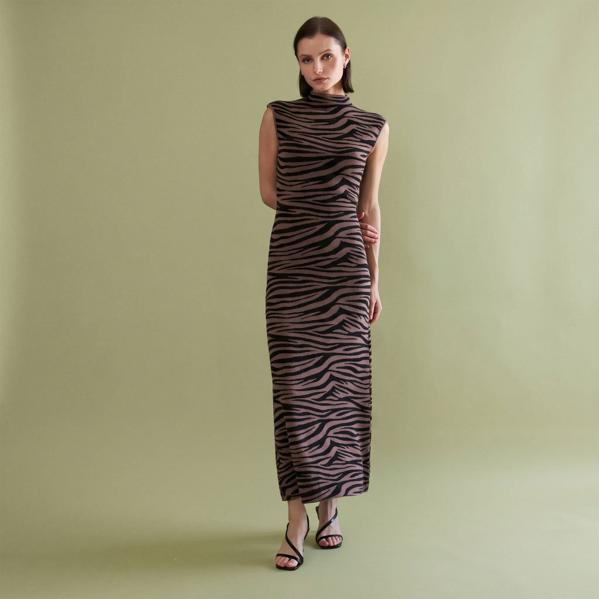 Zebra Print Mock Neck Sleeveless Knit Maxi Dress