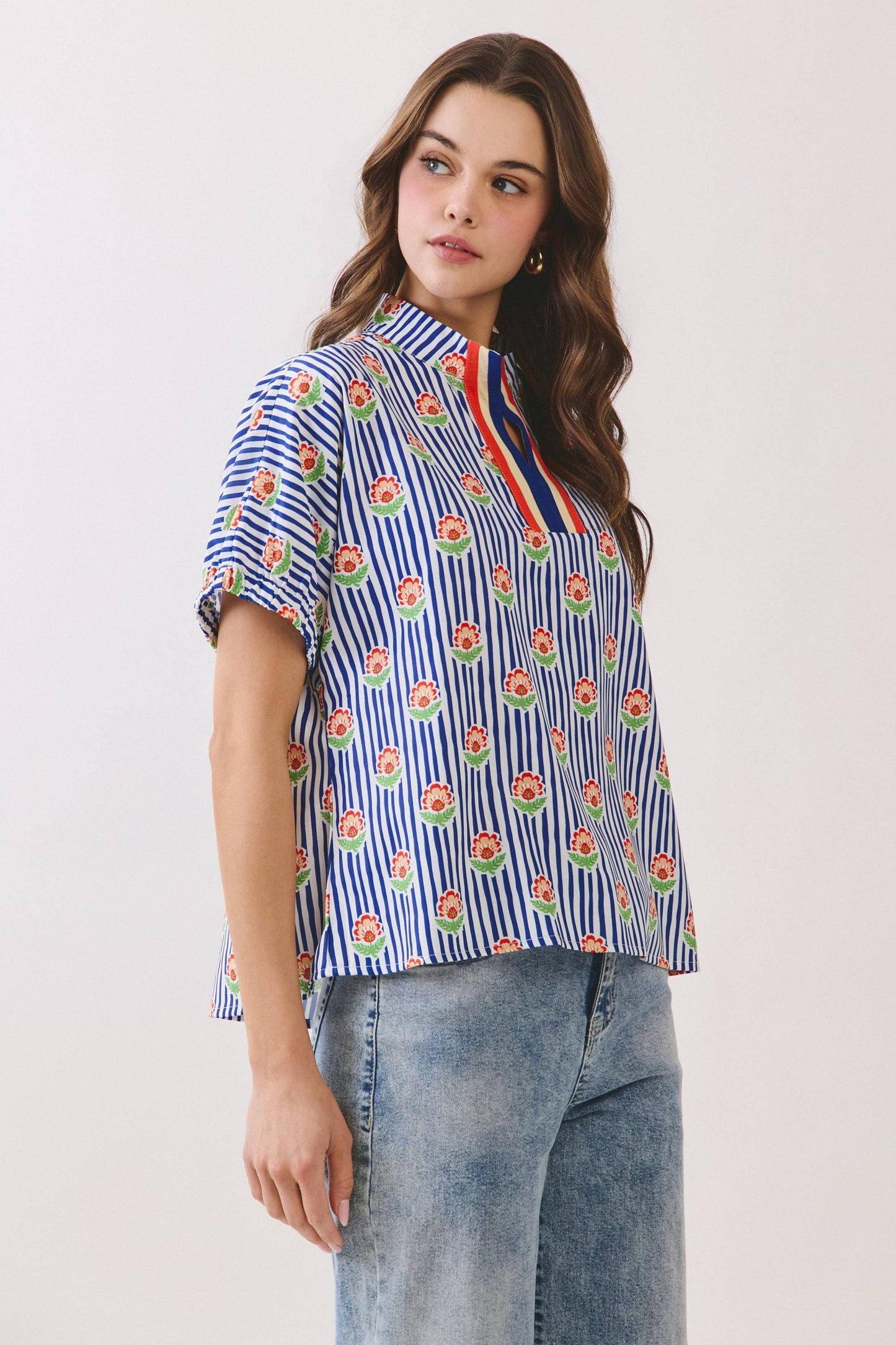 Floral Stripe Print Split Neck Blouse