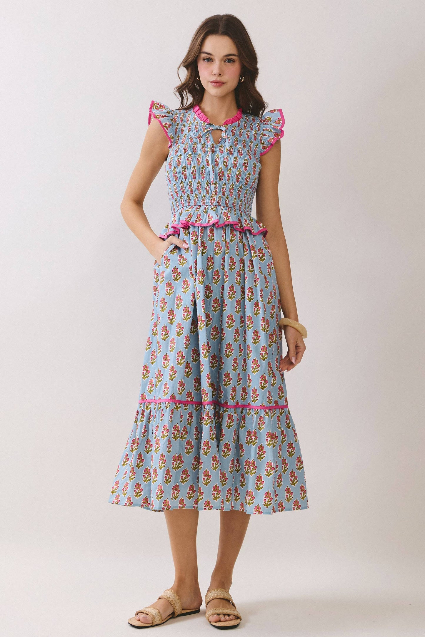 Floral Print Smocked Peplum Tiered Midi Dress