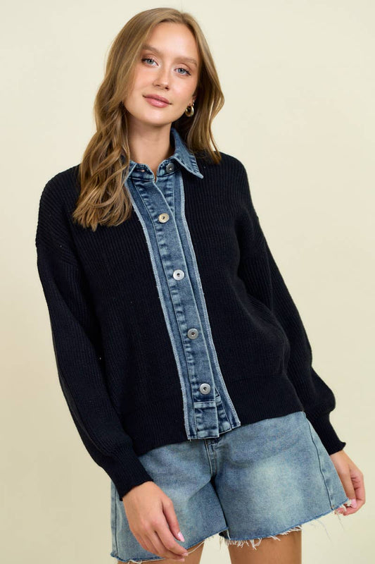 DENIM CONTRAST SWEATER RIB CARDIGAN