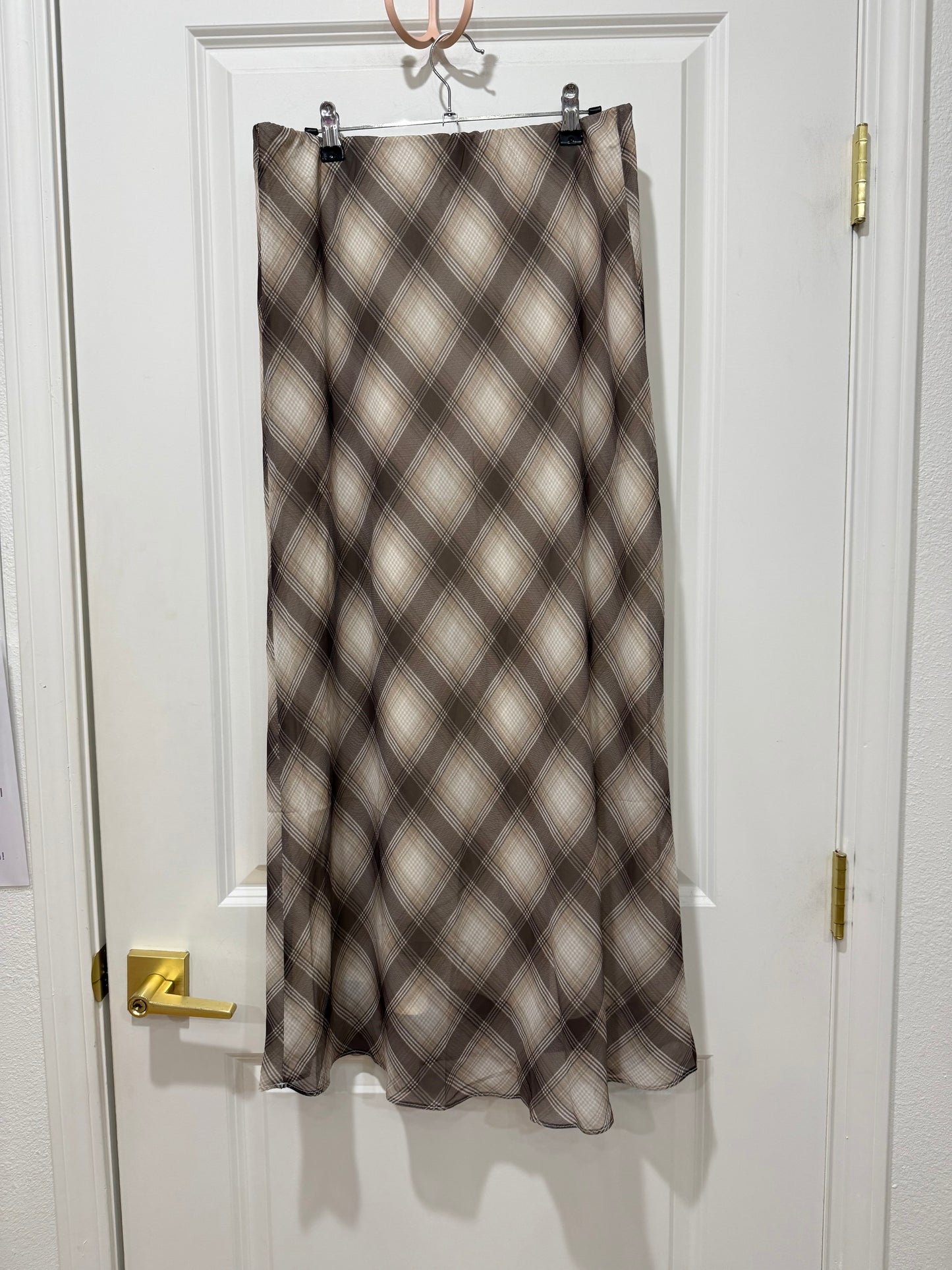 taupe/choco plaid midi skirt