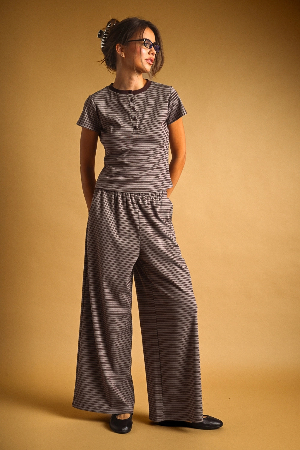 brown striped lounge pant set