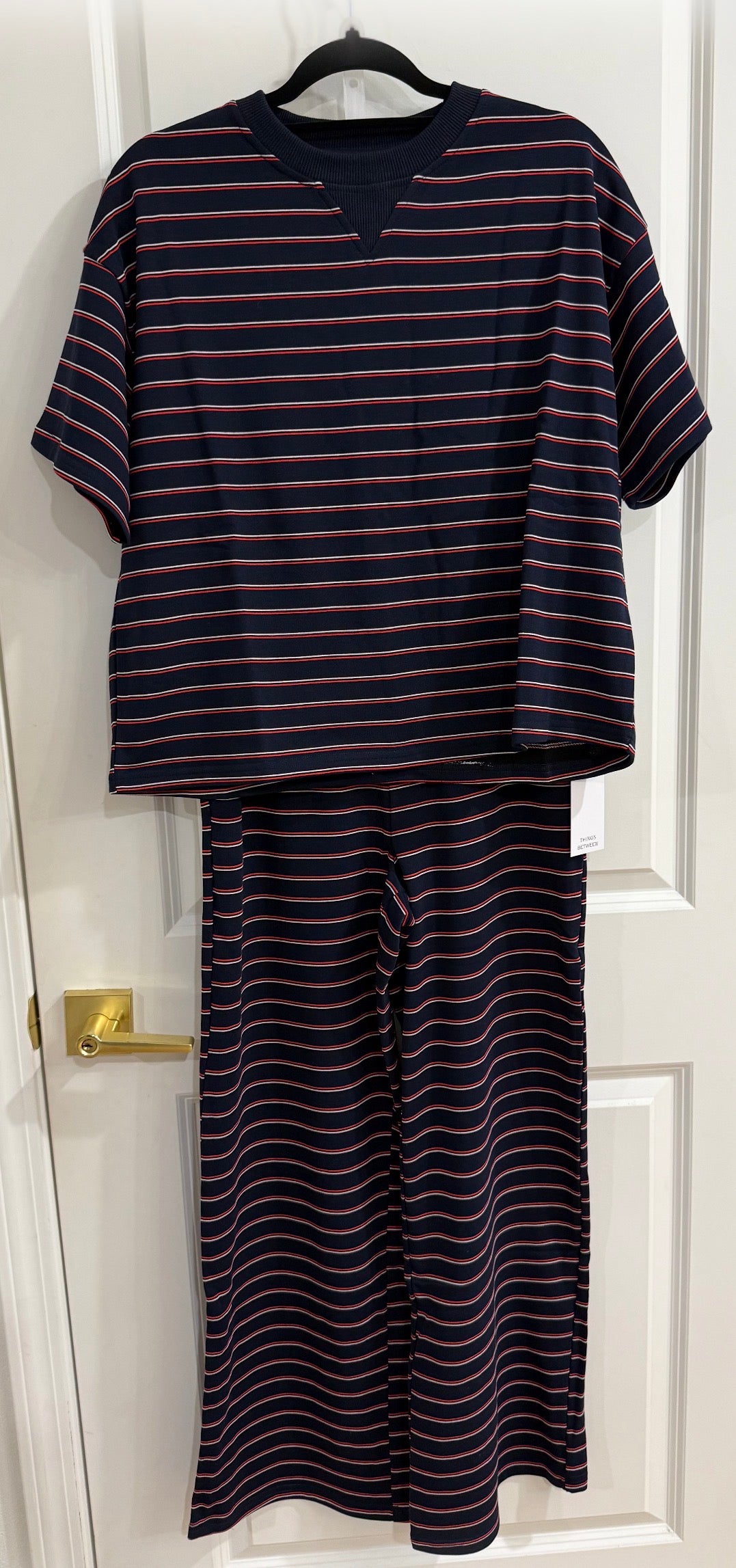 Natalie navy/red stripe pant set