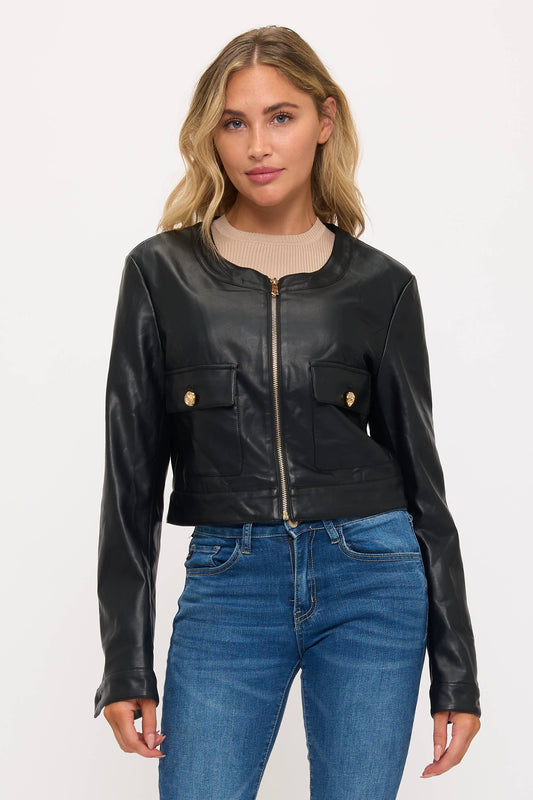 Cropped Faux Leather Jacket with Pocket Detail