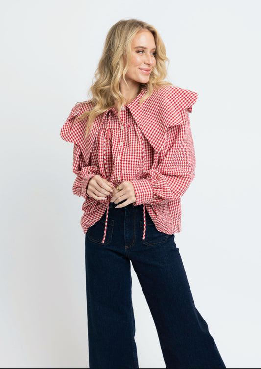 gingham poplin peter pan collar top by KARLIE