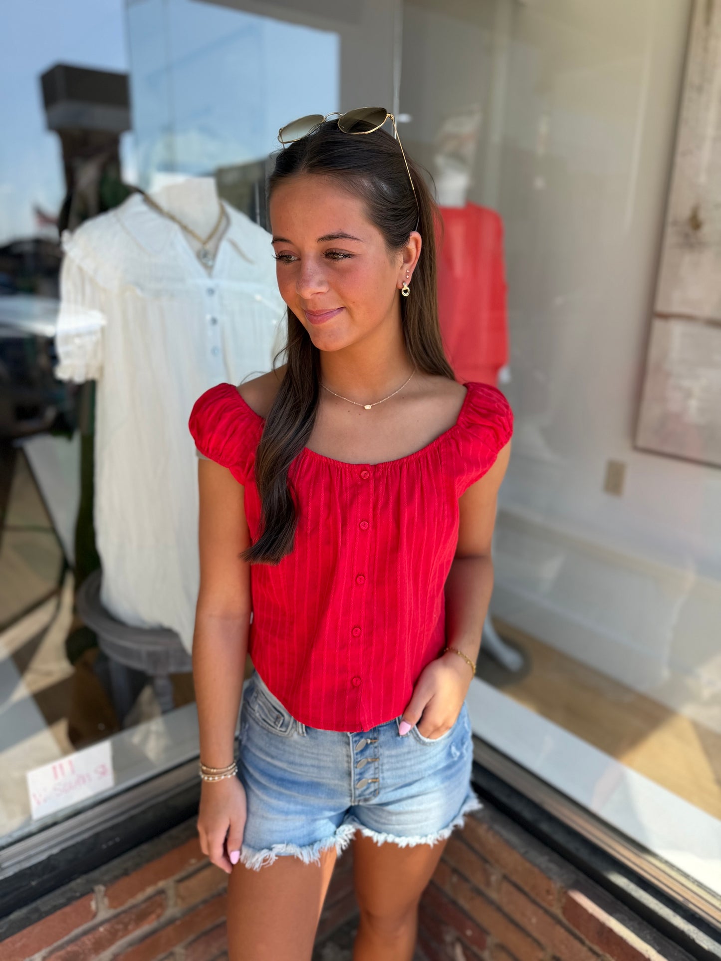 red cinch sleeve top