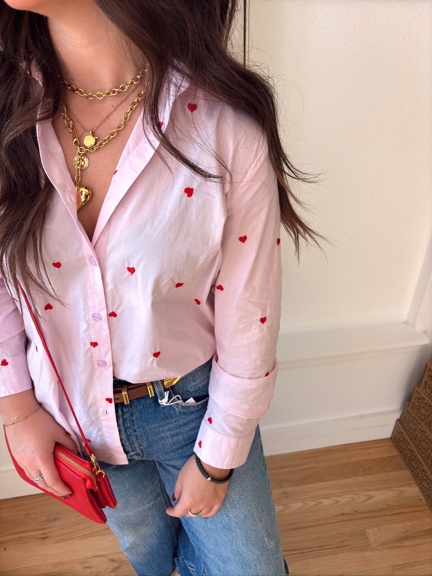 Lavender Red Heart Button down top