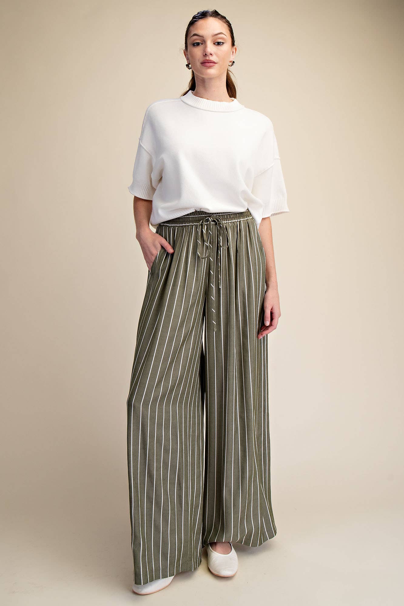 High Waist Elastic Band Stripe Wide Pants