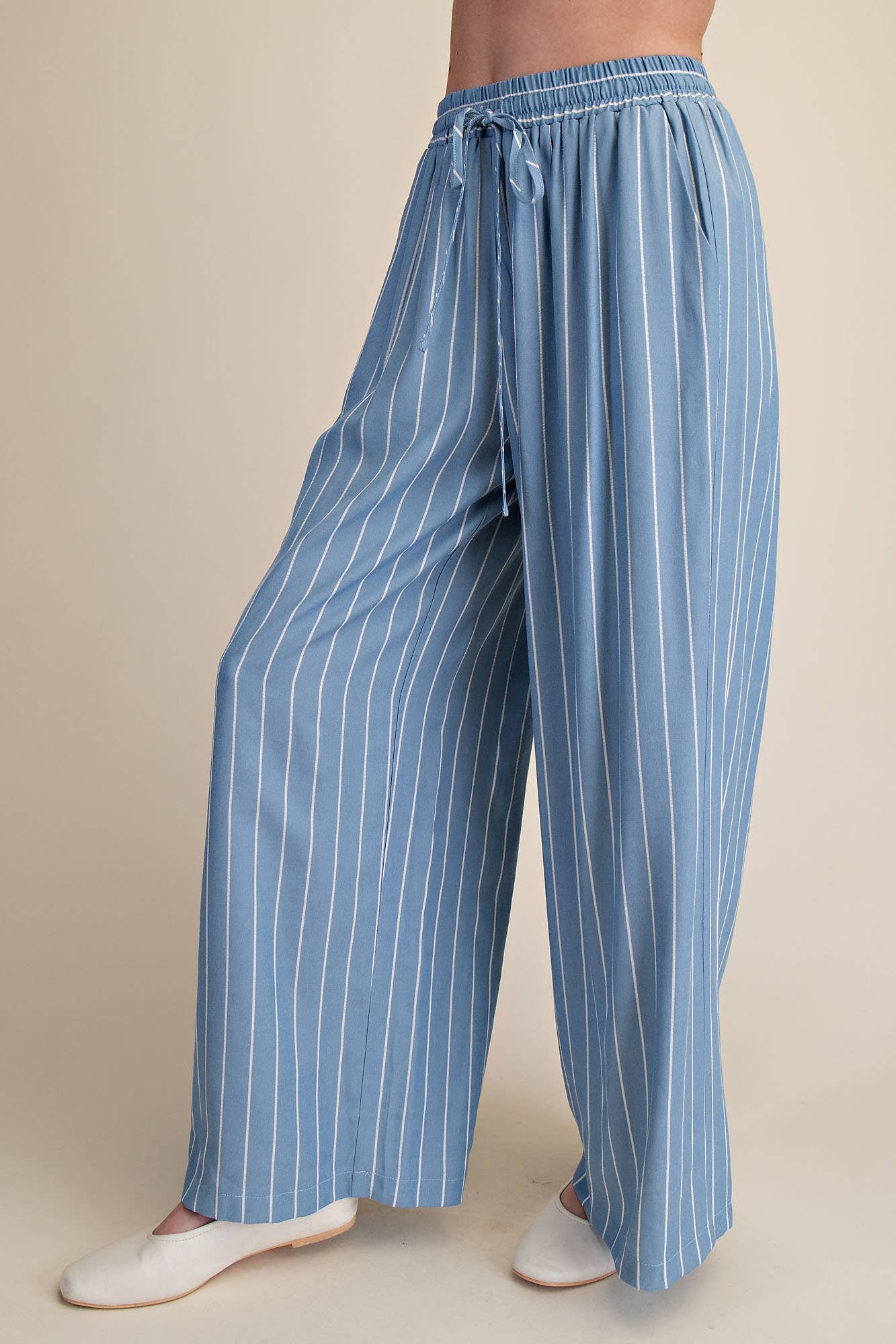 High Waist Elastic Band Stripe Wide Pants