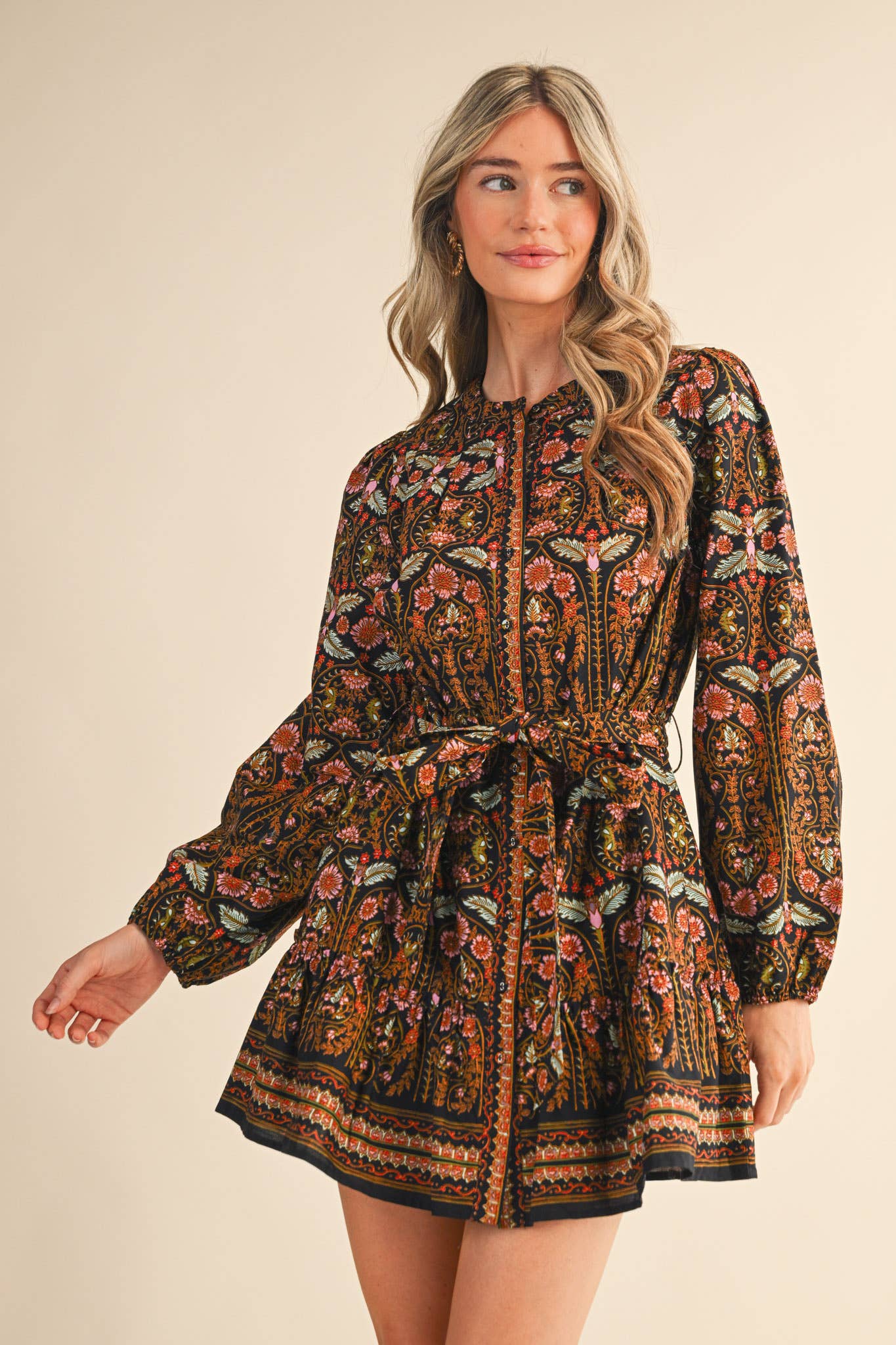 EXCLUSIVE FLORAL PRINT BUTTON DOWN BELTED MINI DRESS