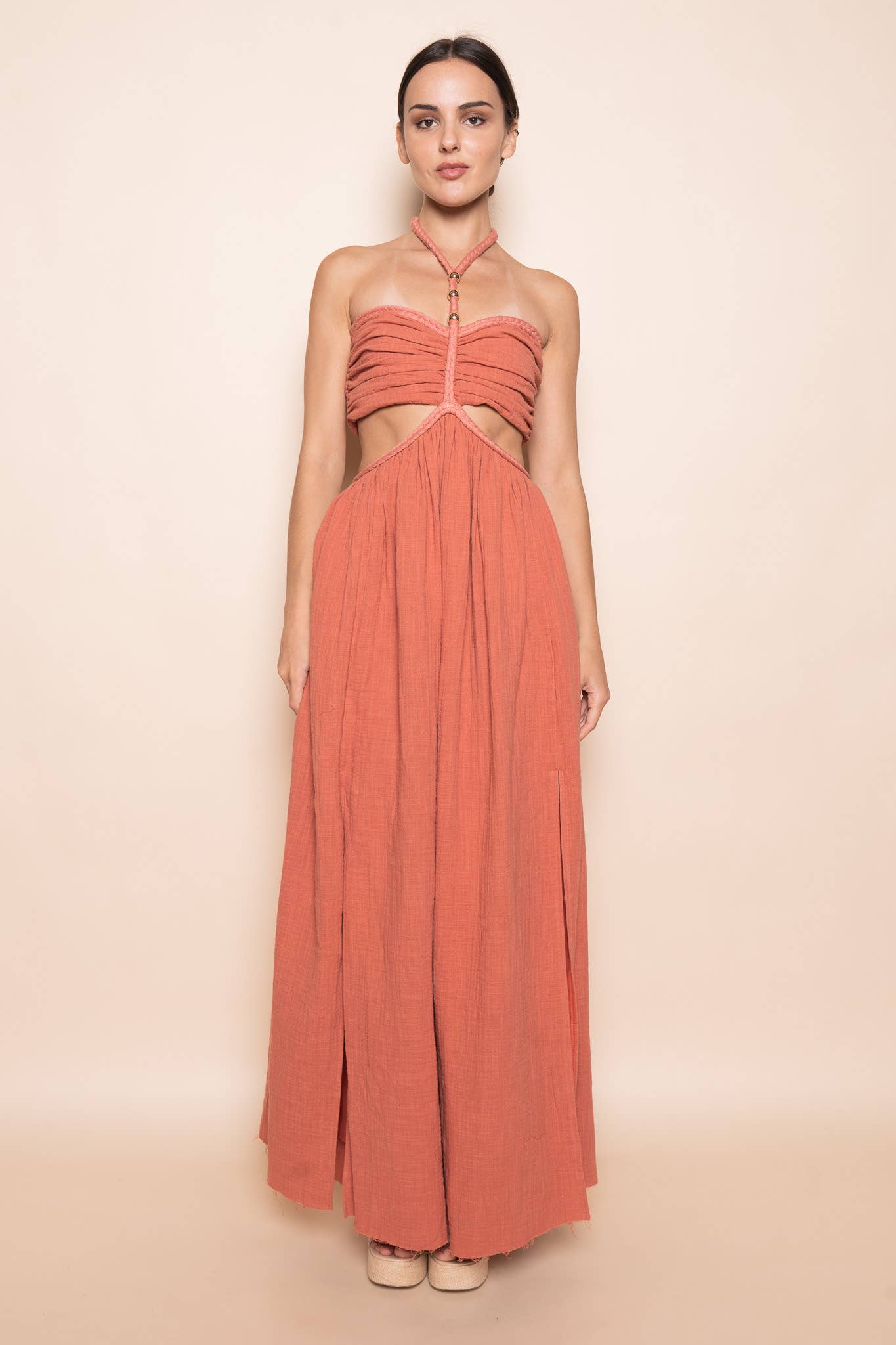 BRAIDED STRAP GOLD BEADIN CUT OUT WAIST MAXI DRESS