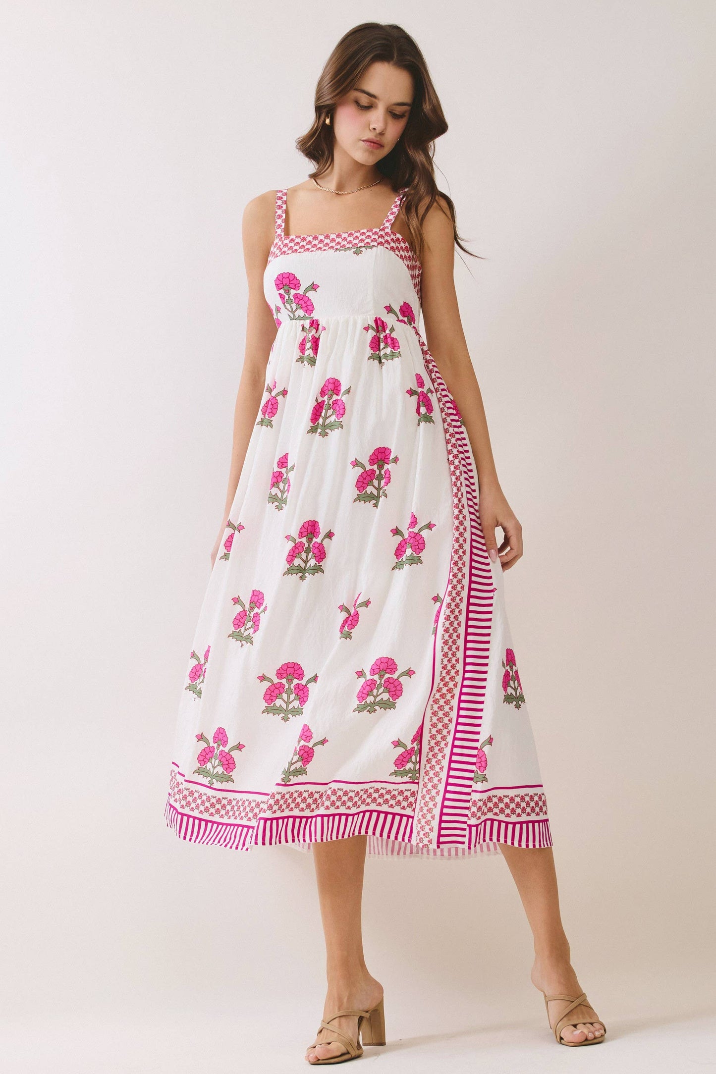 Floral Print Contrast Detail Square Neck Midi Dress