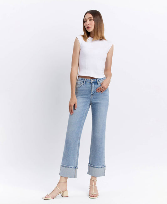 HIGH RISE CUFFED SLIM WIDE JEANS