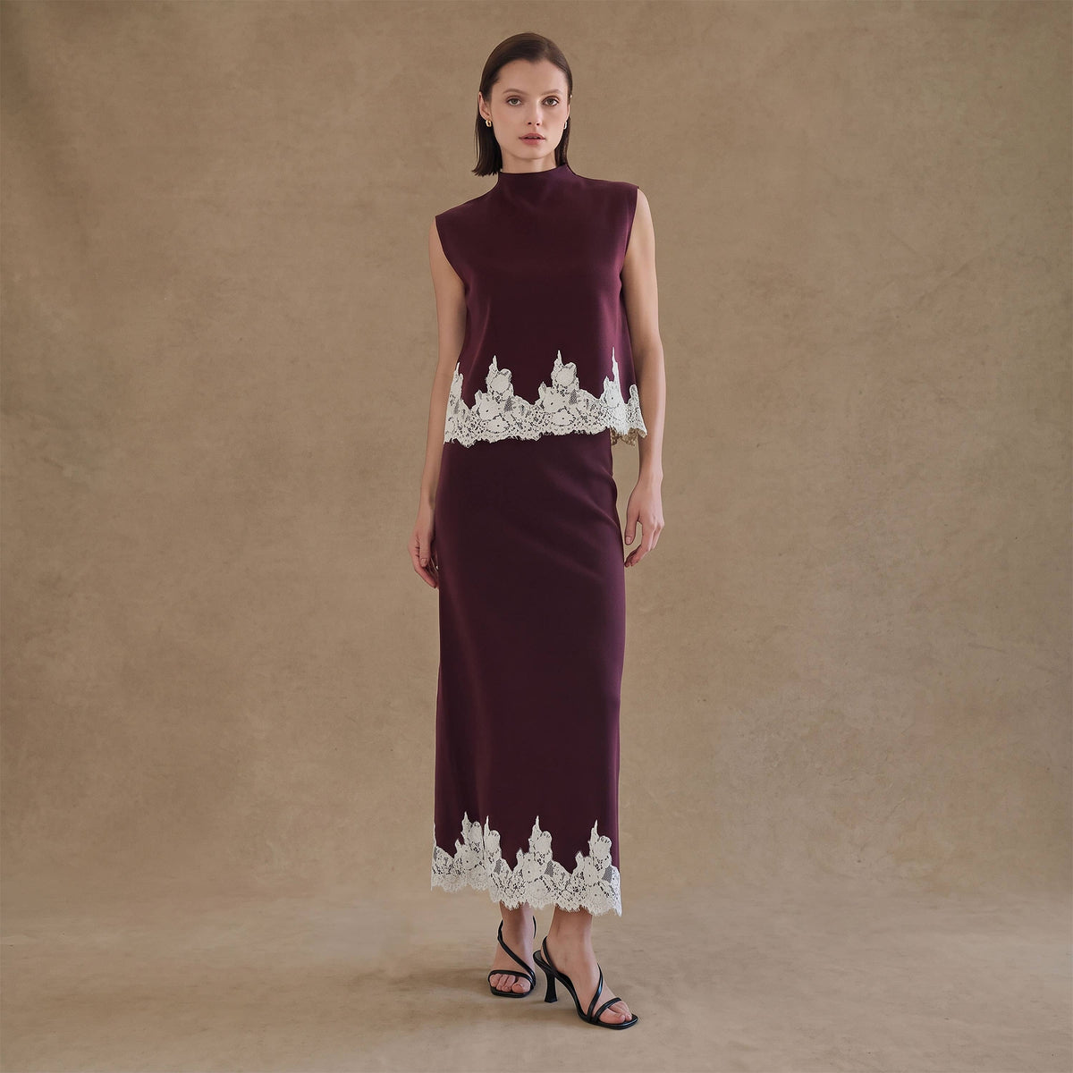 Lace Trim Mock Neck Top & Maxi Skirt Knit Set