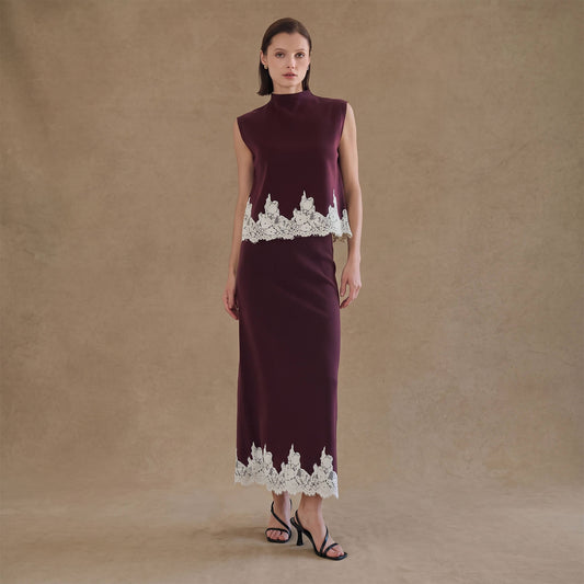 Lace Trim Mock Neck Top & Maxi Skirt Knit Set
