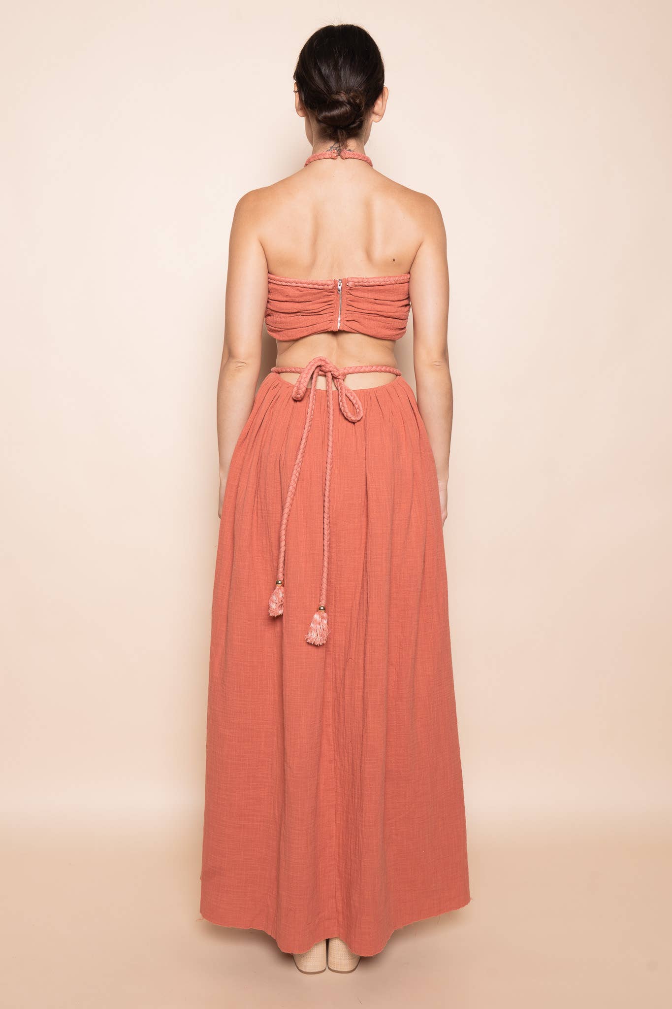 BRAIDED STRAP GOLD BEADIN CUT OUT WAIST MAXI DRESS