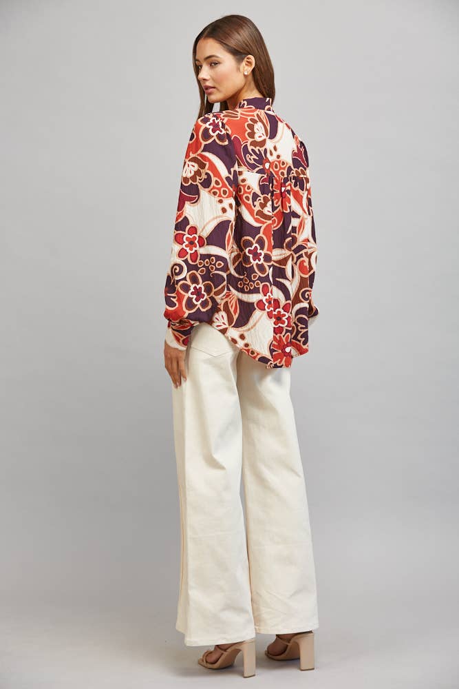 LARGE SCALE ABSTRACT FLORAL PRINT STAN-UP COLLAR BUTTON DOWN