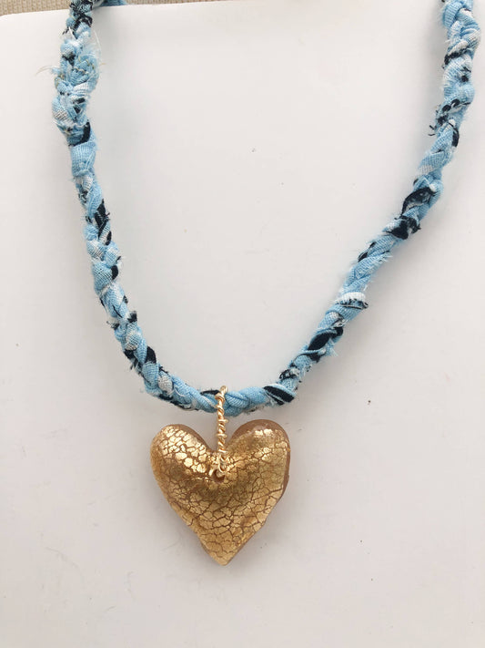Powder Blue Bandana with Gold Leafed  Heart Necklace 