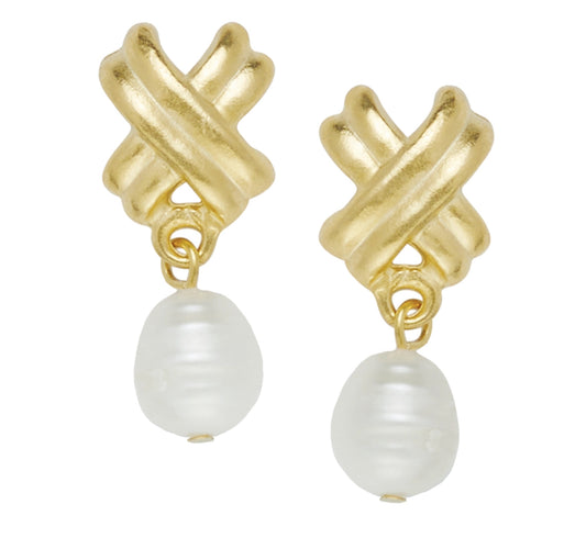Gold Small Texas X's with Freshwater Pearl Earrings - Susan Shaw
