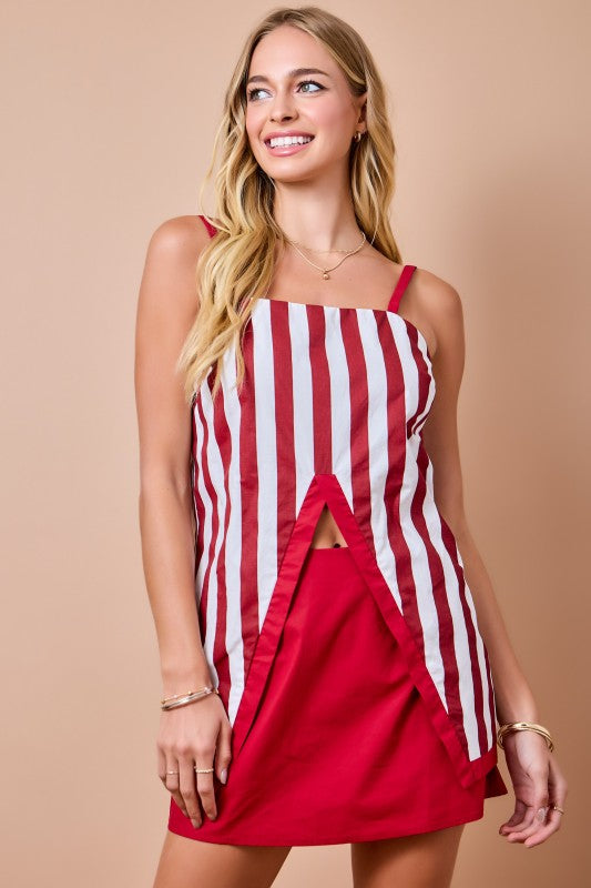 Crimson/White front split top and skirt set ￼