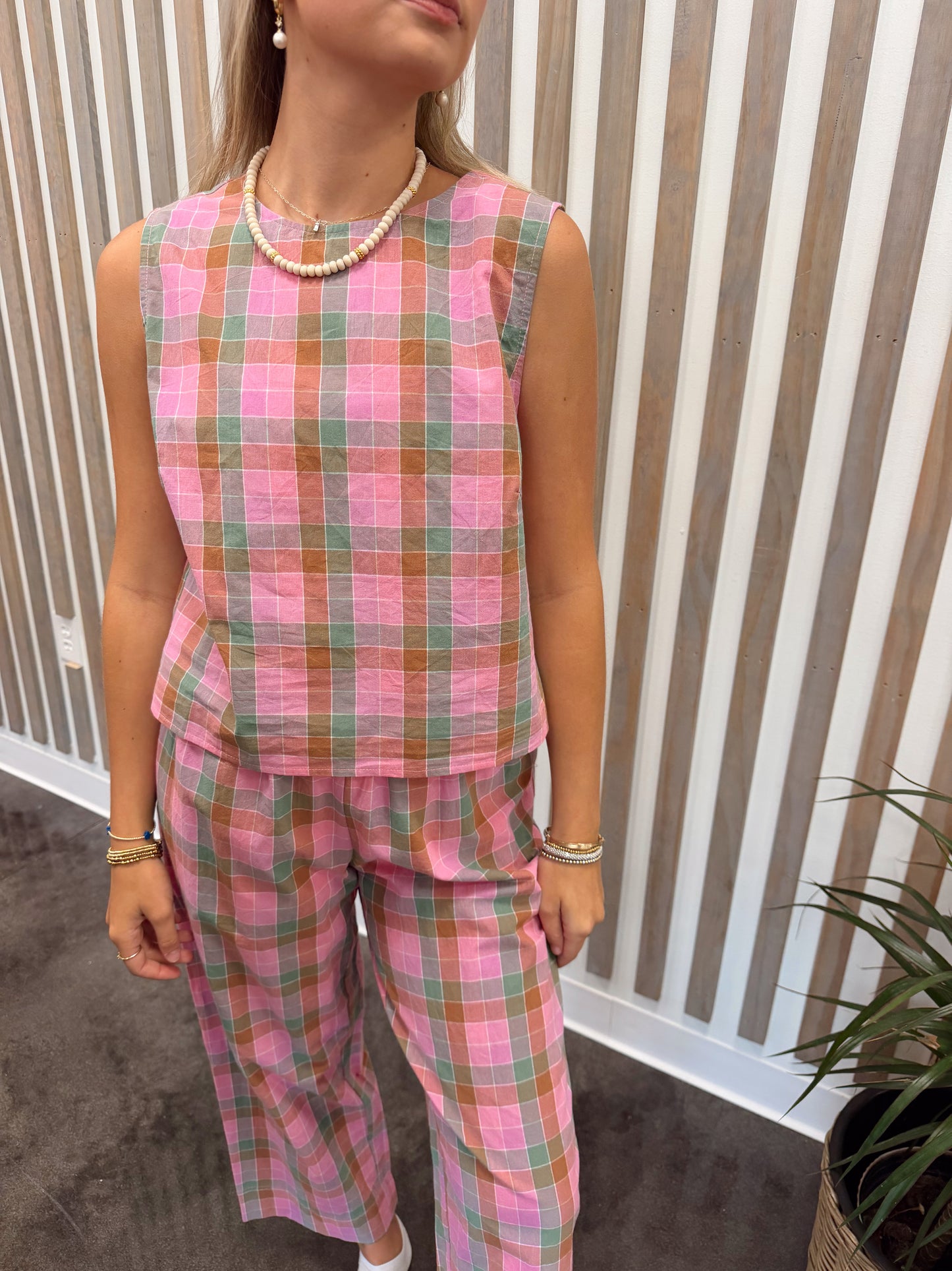 pink/green plaid pant set