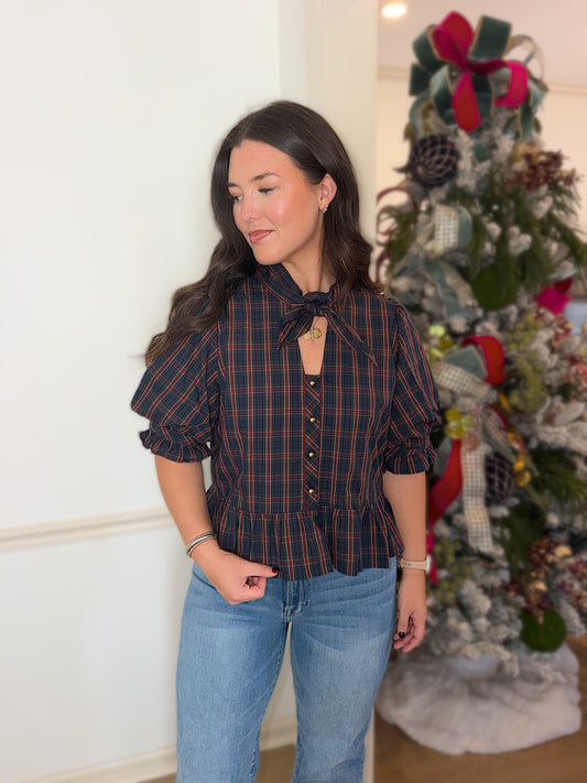 Navy plaid tie top