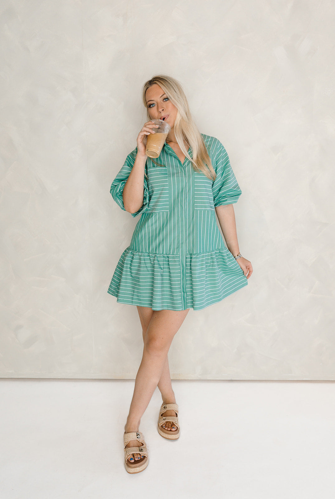 Stripe Pocket Ana Ruffle mini Dress - KARLIE